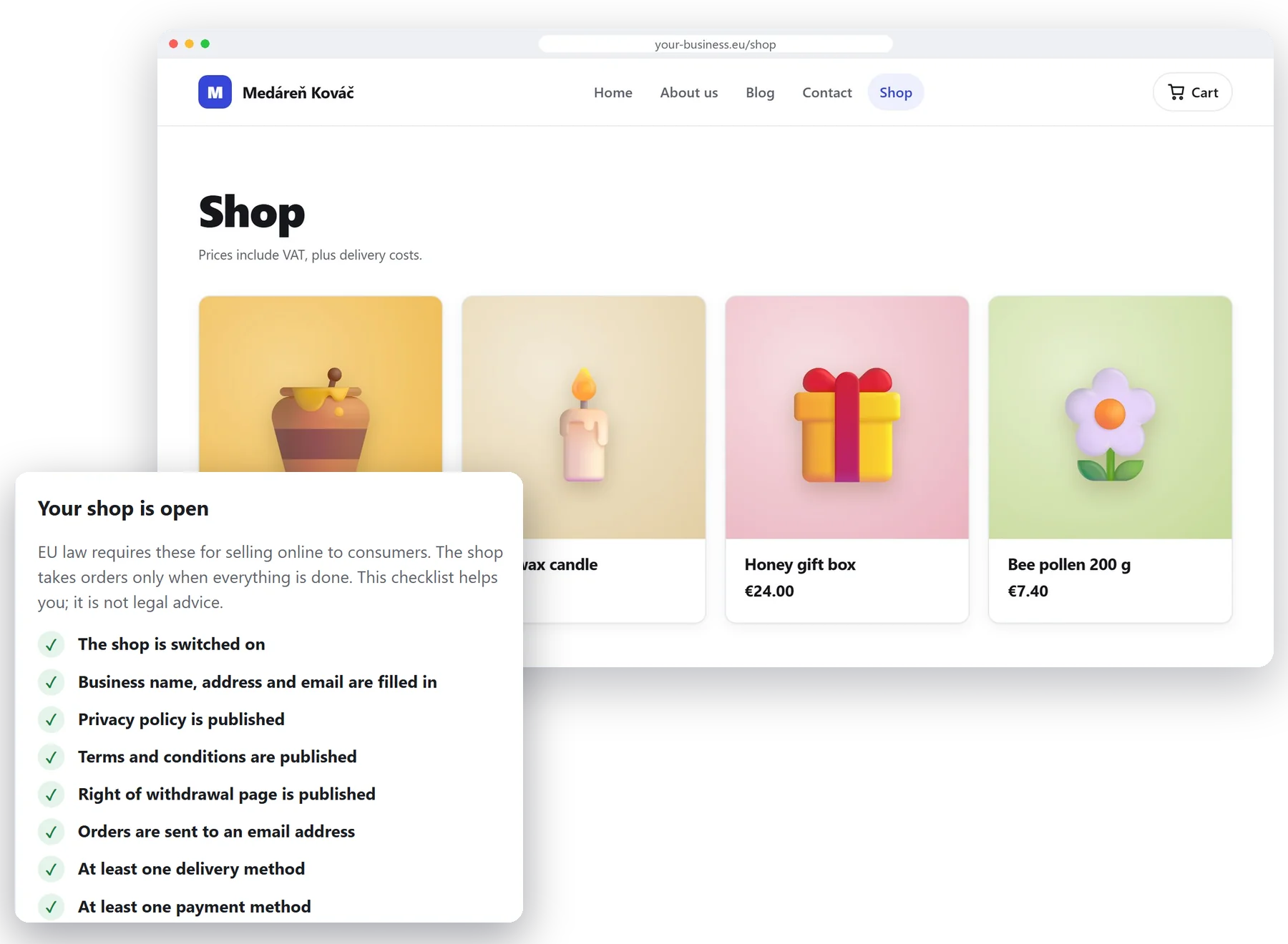 A small online shop built with Webitu, and the checklist showing that every legal requirement for the shop is done